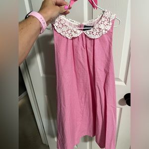 Pink gingham Polo dress with white crotchet lace collar